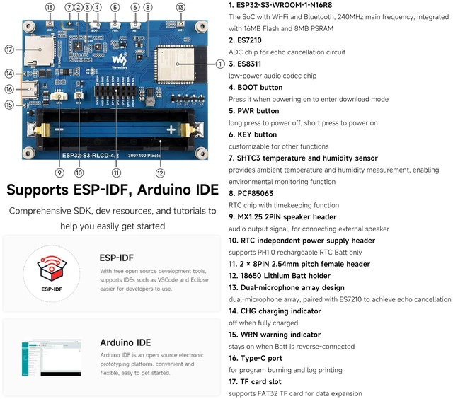 Alt view image 5 of 5 - ESP32-S3 4.2inch RLCD Development Board, 300x400, E-Paper-Like Screen, Supports Wi-Fi & BLE, AI Voice Interaction,Temperature & Humidity Monitoring, DIY Smart Devices, etc. (No Batt)