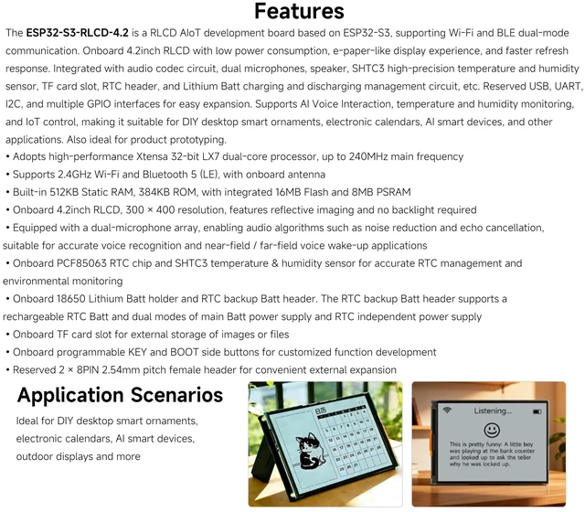 Alt view image 3 of 5 - ESP32-S3 4.2inch RLCD Development Board, 300x400, E-Paper-Like Screen, Supports Wi-Fi & BLE, AI Voice Interaction,Temperature & Humidity Monitoring, DIY Smart Devices, etc. (No Batt)
