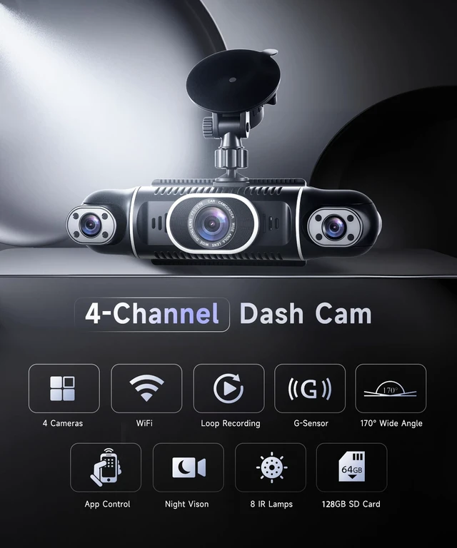 Alt view image 3 of 5 - 360 Dash Cam Front/Rear/Inside/Side 4-Channel Dash Camera FHD 2K+1080P3 Car Dash Cam with WiFi, APP Control, 128GB SD Card Included, 8 IR Night Vision, G-Sensor, 24/7 Parking Mode