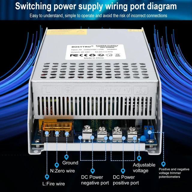 Alt view image 5 of 5 - BOSYTRO 24V 62.5A 1500W DC Switching Power Supply Adapter PSU AC 110V / 220V-DC 24V Transformer Adapter, for 3D Printer,DC Motor,Medical Equipment, Computer Project of Industrial Power Supplies
