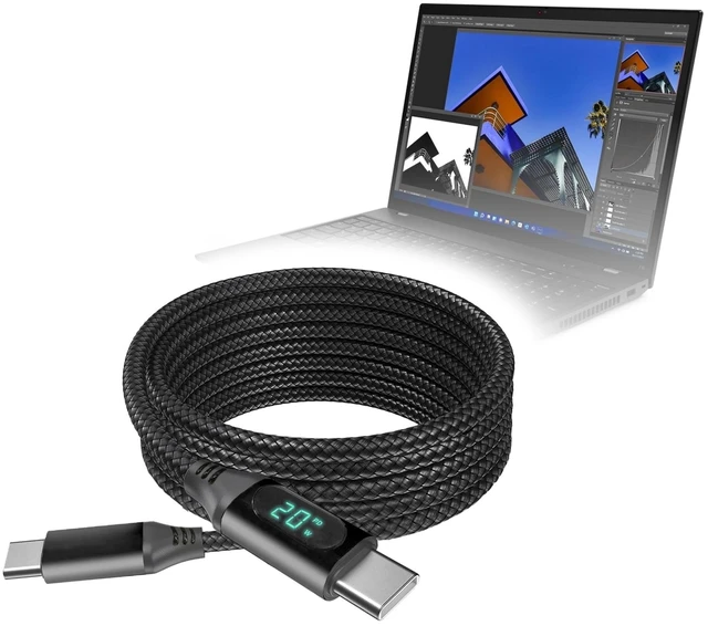 Main image of BoxWave Cable Compatible with Lenovo ThinkPad T16 (21BV) - PowerDisplay PD Cable (6ft) - USB-C to USB-C (100W), LED Wattage Info Extra Long Braided Nylon - Jet Black