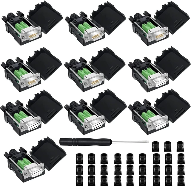 Main image of YIOVVOM DB9 Breakout Connector, Male 9 pin RS232 connectors, Solderless D-SUB RS485 Serial Adapter Module Board with Screw Terminals, Case, Long Bolts (5PCS Female+5PCS Male White)
