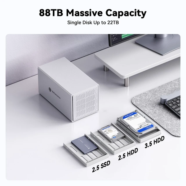 Alt view image 5 of 5 - Yottamaster 4 Bay Hard Drive Enclosure, USB C HDD Enclosure for 2.5"/3.5" Inch SATA HDD/SSD, Aluminum DAS Enclosure Supports 4x22TB, Direct Attached Storage Expansion, Non-RAID - PS400C3