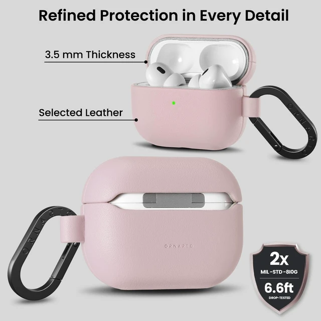 Alt view image 3 of 5 - ORNARTO for AirPods Pro 2 Case, Vegan Leather Cover, Blush Pink