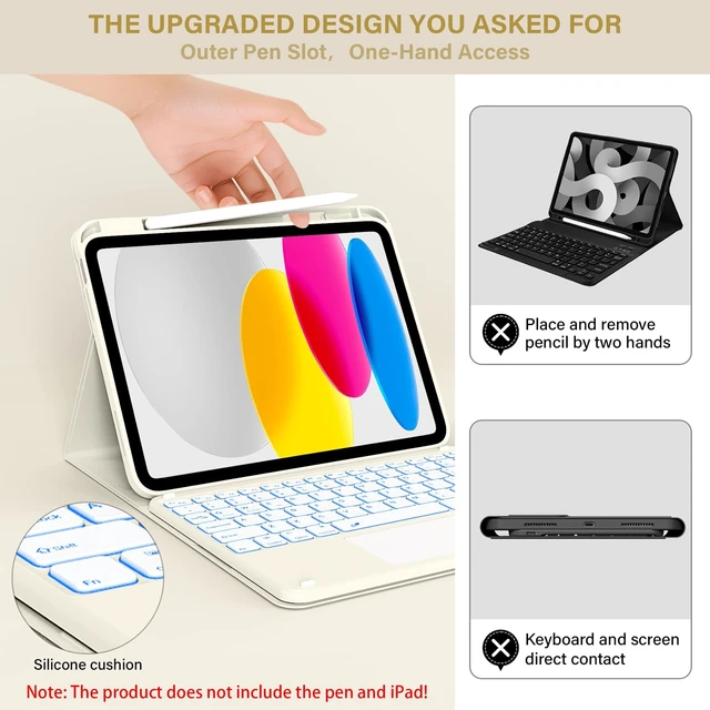 Alt view image 4 of 5 - SQBEBS for iPad A16 11th 10th Case with Keyboard: Backlit Keyboard Case with Trackpad & Pencil Holder, Magnetic Detachable for Students Daily Learning & Note-Taking, Milk White