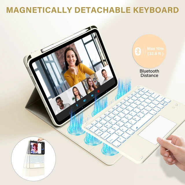 Alt view image 5 of 5 - SQBEBS for iPad A16 11th 10th Case with Keyboard: Backlit Keyboard Case with Trackpad & Pencil Holder, Magnetic Detachable for Students Daily Learning & Note-Taking, Milk White