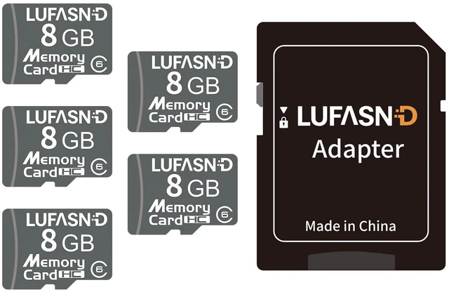 Main image of Lufasnd 5-Pack 8GB Micro SD Cards with Adapter, Class 6 Mini Flash Memory Cards, Reliable Storage for Garmin GPS, Kindle Fire E-Reader, MP3 Player, Voice Recorder, Retro DS Game Console