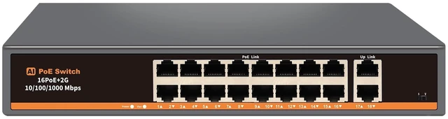 Main image of Davuaz 18 Port Unmanaged PoE+ Switch, 16 POE+ Ports & 2 Gigabit Uplink Ports, IEEE 802.3af/at Compliant, Up to 250W Power, 250m Extended Distance, Metal Design, Plug & Play