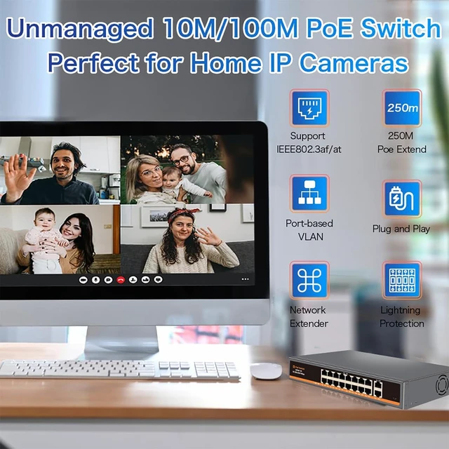 Alt view image 2 of 5 - Davuaz 18 Port Unmanaged PoE+ Switch, 16 POE+ Ports & 2 Gigabit Uplink Ports, IEEE 802.3af/at Compliant, Up to 250W Power, 250m Extended Distance, Metal Design, Plug & Play