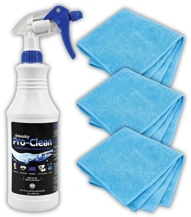 Main image of Dotworkz Pro-Clean 32oz Optical Lens Surface Cleaner & Polish Solution + 3 Microfiber Towels - Formulated for CCTV, Security Camera and All Optically Clear Lenses