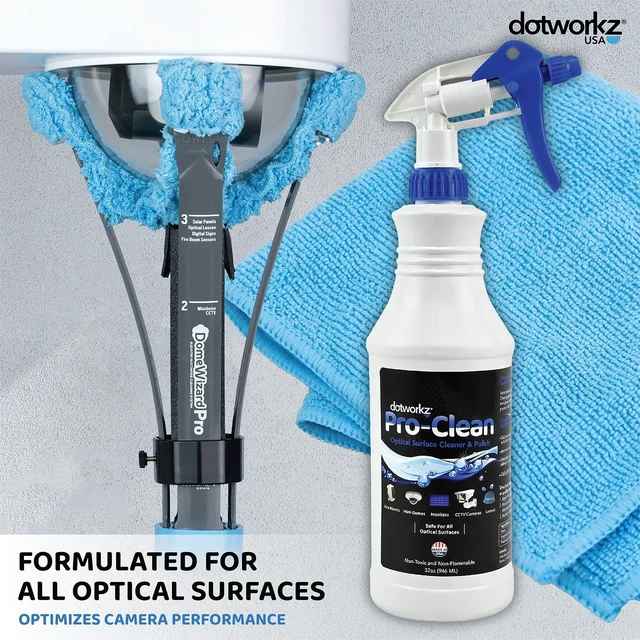 Alt view image 3 of 5 - Dotworkz Pro-Clean 32oz Optical Lens Surface Cleaner & Polish Solution + 3 Microfiber Towels - Formulated for CCTV, Security Camera and All Optically Clear Lenses