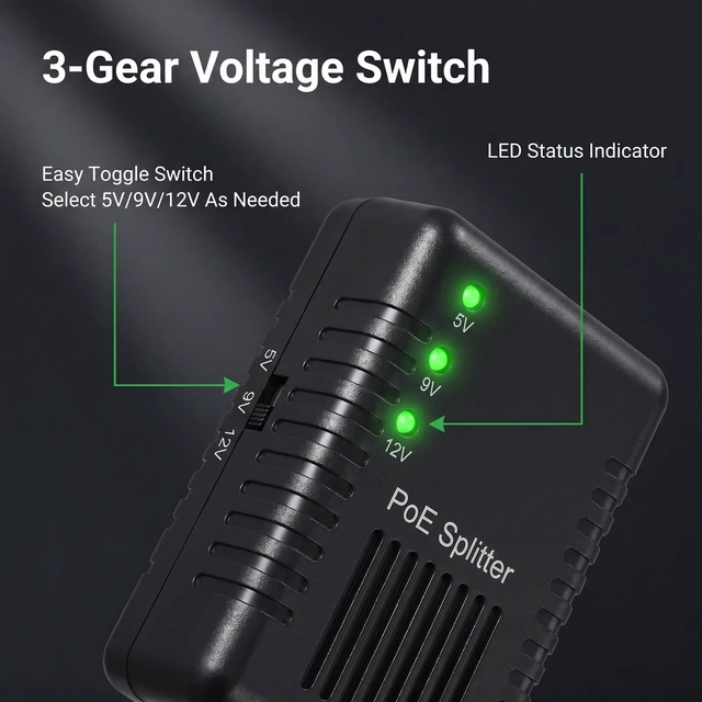 Alt view image 5 of 5 - REVODATA 24W Gigabit PoE Splitter to DC 5V/9V/12V Power Output, Include Different DC connectors, IEEE802.3af/at Compliant, for Non-PoE Device up to 100m, Plug and Play (PD6003G-B)