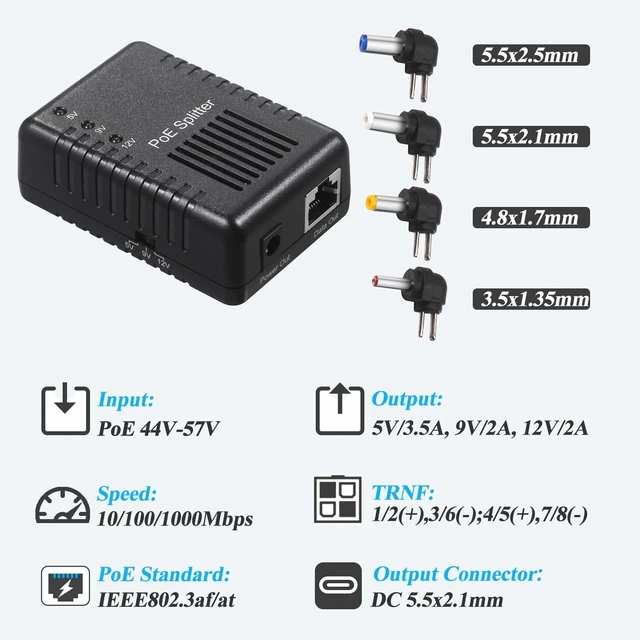Alt view image 3 of 5 - REVODATA 24W Gigabit PoE Splitter to DC 5V/9V/12V Power Output, Include Different DC connectors, IEEE802.3af/at Compliant, for Non-PoE Device up to 100m, Plug and Play (PD6003G-B)