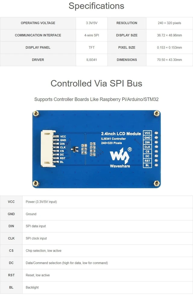 Alt view image 4 of 5 - waveshare 2PCS 2.4inch LCD Display Module with 65K RGB Colors 240320 Resolution SPI Interface