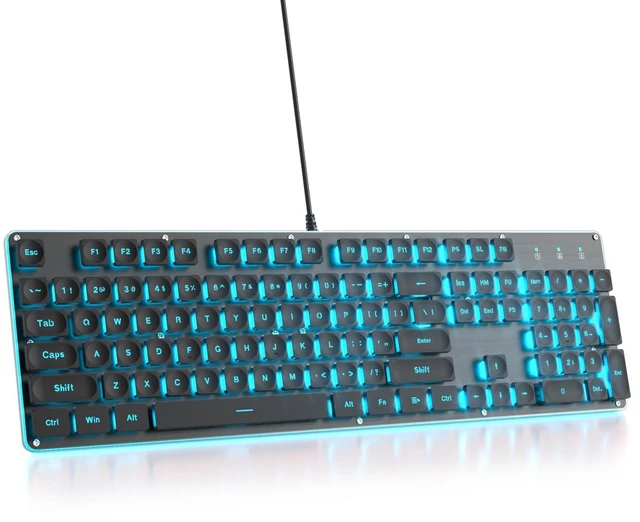 Main image of iRoboosta Quiet Keyboard Wired Membrane Keyboard Black, Full Size 104 Keys Light Up Key Board with Number Pad, Blue LED Backlit, Metal Panel, Squre Keycaps, USB Computer Keyboards (Black)