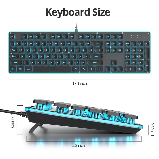Alt view image 3 of 5 - iRoboosta Quiet Keyboard Wired Membrane Keyboard Black, Full Size 104 Keys Light Up Key Board with Number Pad, Blue LED Backlit, Metal Panel, Squre Keycaps, USB Computer Keyboards (Black)