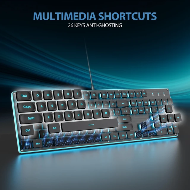 Alt view image 4 of 5 - iRoboosta Quiet Keyboard Wired Membrane Keyboard Black, Full Size 104 Keys Light Up Key Board with Number Pad, Blue LED Backlit, Metal Panel, Squre Keycaps, USB Computer Keyboards (Black)