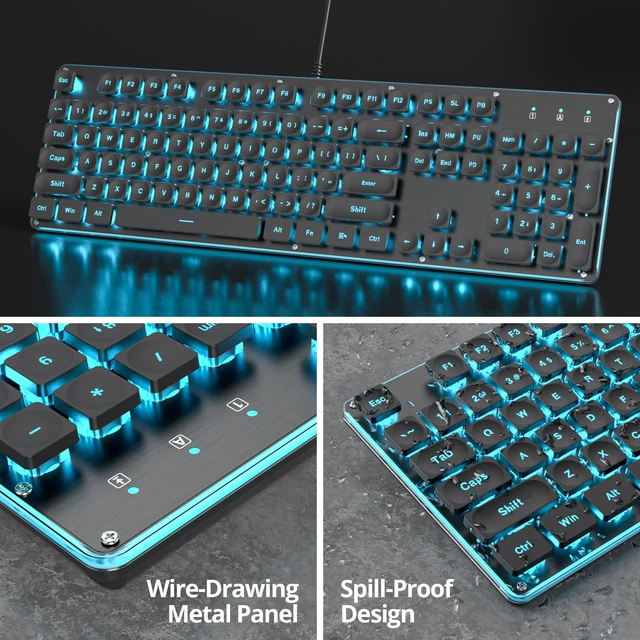 Alt view image 5 of 5 - iRoboosta Quiet Keyboard Wired Membrane Keyboard Black, Full Size 104 Keys Light Up Key Board with Number Pad, Blue LED Backlit, Metal Panel, Squre Keycaps, USB Computer Keyboards (Black)
