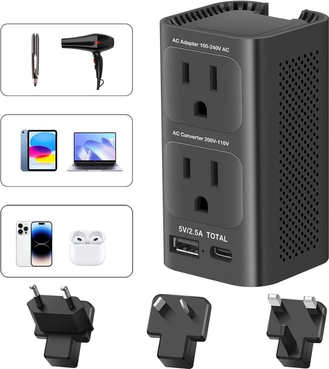 Main image of 220v to 110v Voltage Converter US to Europe, Power Converter Adapter Combo (Black)