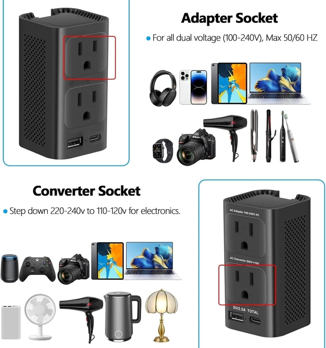 Alt view image 2 of 5 - 220v to 110v Voltage Converter US to Europe, Power Converter Adapter Combo (Black)