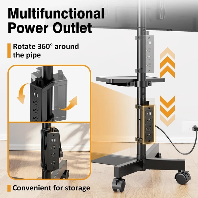 Alt view image 2 of 5 - Mobile TV Stand with Power Outlets, Floor Portable TV Stand with Wheels for 23-60 Inch LCD LED OLED Panel Screen TVs with Rotation Socket Around the Pole Height Adjustable Tilt, RollingTV Cart Black