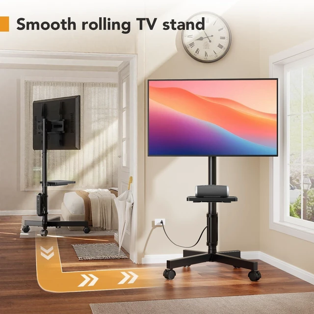 Alt view image 3 of 5 - Mobile TV Stand with Power Outlets, Floor Portable TV Stand with Wheels for 23-60 Inch LCD LED OLED Panel Screen TVs with Rotation Socket Around the Pole Height Adjustable Tilt, RollingTV Cart Black
