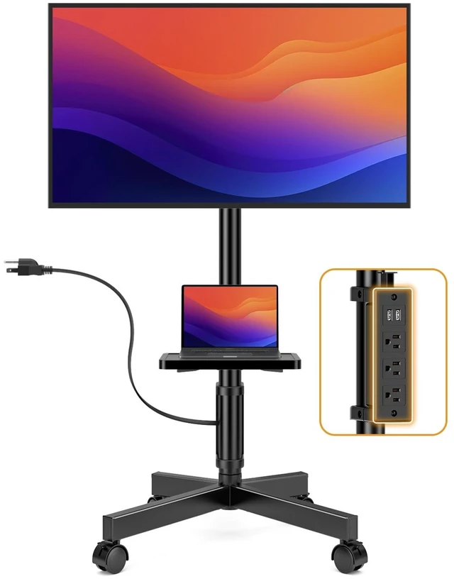 Main image of Mobile TV Stand with Power Outlets, Floor Portable TV Stand with Wheels for 23-60 Inch LCD LED OLED Panel Screen TVs with Rotation Socket Around the Pole Height Adjustable Tilt, RollingTV Cart Black