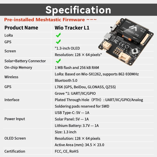 Alt view image 3 of 5 - Meshnology Wio Tracker L1 Dev Board + 3000mah Battery with SX1262 nRF52840 Blue Tooth GPS 1.3" OLED Display, Battery Type-C Solar Charge, Rich Interface for Ar duino Meshtastic LoRa IoT (2 Pack)