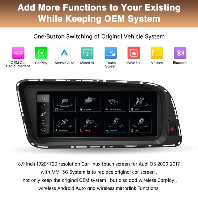 Alt view image 3 of 5 - Wireless Carplay Touch Screen for Audi Q5 Display Upgrade Screen 2009-2017 Year with 3G MMI System Support Android Auto,Mirrorlink,Siri,Bluetooth