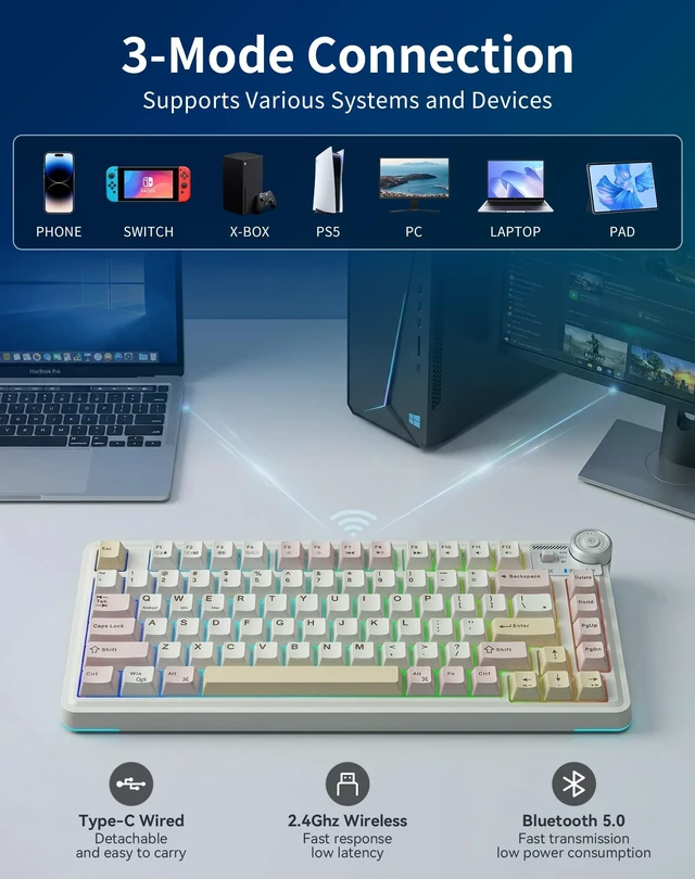 Alt view image 3 of 5 - Aula AU75 Wireless Mechanical Keyboard, Hot Swap Gasket Gaming Keyboard with Knob, BT/2.4G/Wired Custom Keyboard, 4000mAh Battery, 75% Five-Layer Padding PBT Keycaps, RGB Side-Strip for Win/Mac