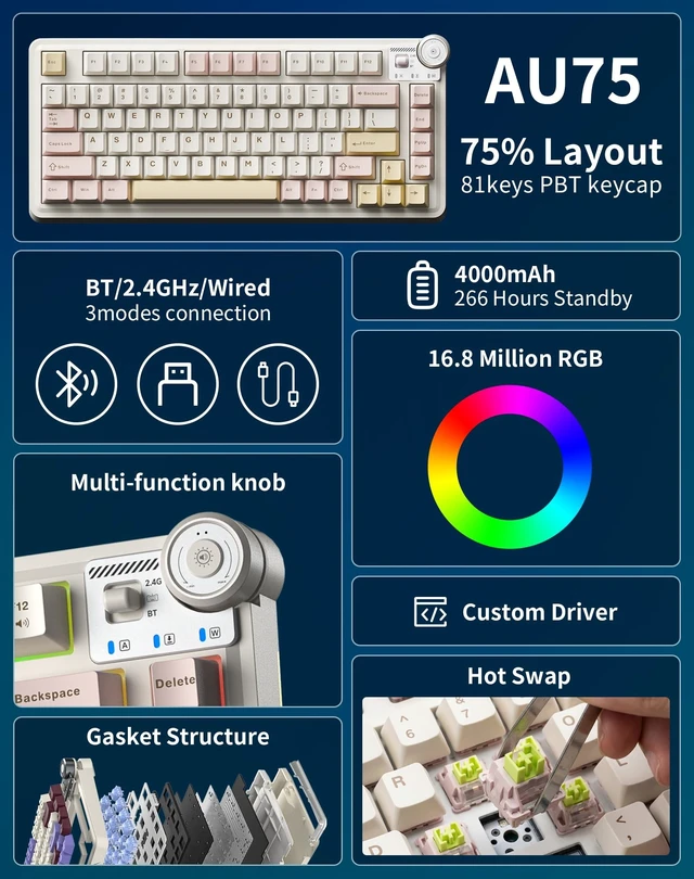 Alt view image 2 of 5 - Aula AU75 Wireless Mechanical Keyboard, Hot Swap Gasket Gaming Keyboard with Knob, BT/2.4G/Wired Custom Keyboard, 4000mAh Battery, 75% Five-Layer Padding PBT Keycaps, RGB Side-Strip for Win/Mac