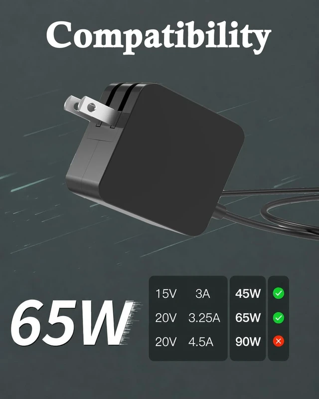 Alt view image 2 of 5 - Superer 65W GaN USB-C Charger Fit for Dell Latitude 5320 5420 5520 3330 3430 3530 3440 3540 3450 3550 3120 3140 2-in-1, Pro 13 14 16 Plus Laptop - Type C AC Adapter, Includes 2 DC Adapter Tips