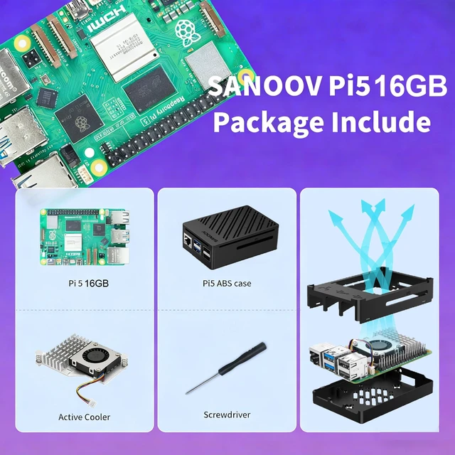 Alt view image 2 of 5 - SANOOV Basic Kit for Raspberry Pi 5 16GB RAM with Active Cooler ABS Case