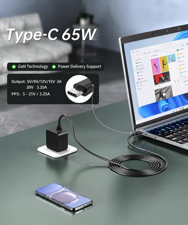 Alt view image 4 of 5 - Superer 65W GaN USB-C Charger Fit for Dell Latitude 5320 5420 5520 3330 3430 3530 3440 3540 3450 3550 3120 3140 2-in-1, Pro 13 14 16 Plus Laptop - Type C AC Adapter, Includes 2 DC Adapter Tips