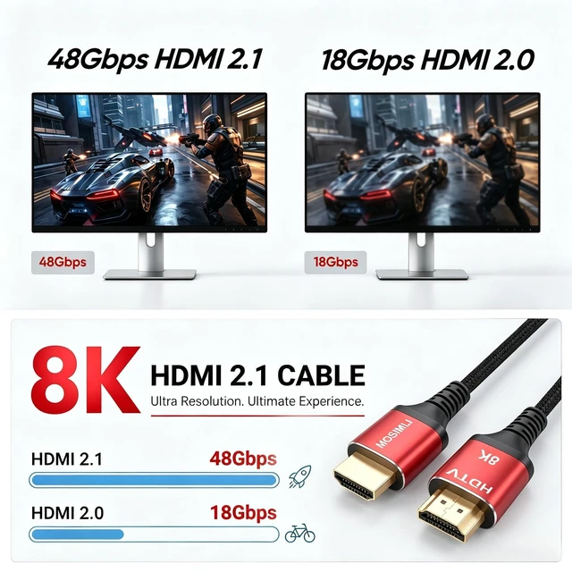 Alt view image 2 of 5 - MOSIMLI 8K HDMI Cable 3FT 8Pack, 48Gbps HDMI 2.1 Cord, Red Aluminum Braided
