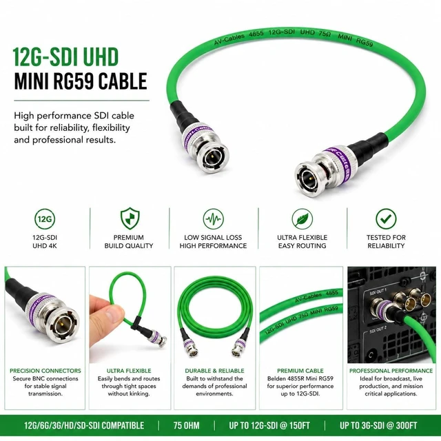 Alt view image 2 of 5 - AV-Cables 12G-SDI BNC to BNC Cable, Premium Mini RG59 75 Ohm Broadcast Video Coax, Supports SD/HD/3G/6G/12G-SDI (1.0ft, Green)