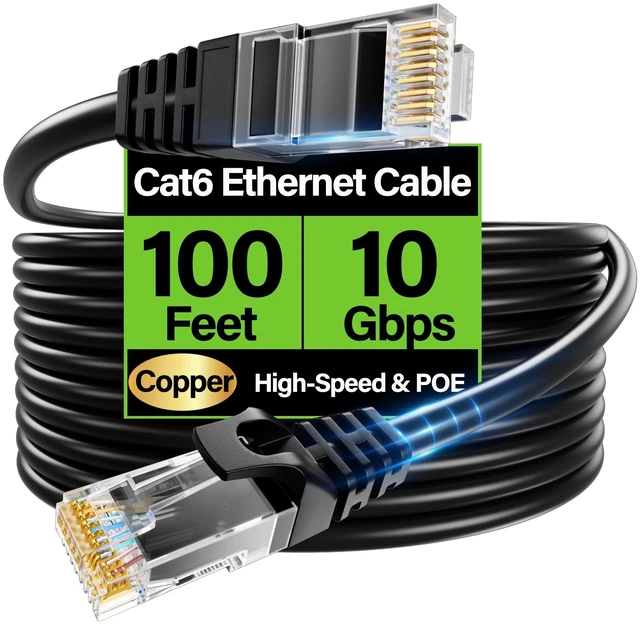 Main image of TuokaJu Cat6 Ethernet Cable 10Gbps 100 ft, UTP Ethernet Cable Cat 6, Flexible Bare Copper Cat6 Cable, Cat 6 Network Cable for Server, Data Center, Black