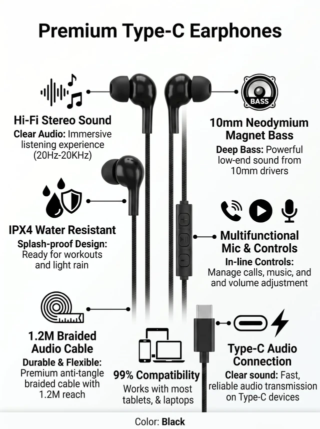 Alt view image 2 of 5 - Onyx 50 Pack Bulk USB C Headphones with Mic, Onyx Type C Wired Earbuds Noise Cancelling Earphones for iPhone 17/16/15 Pro Max Plus, iPad Pro, Galaxy S26/S25/S24, Pixel 10/9, Kindle Fire Max 11, Black