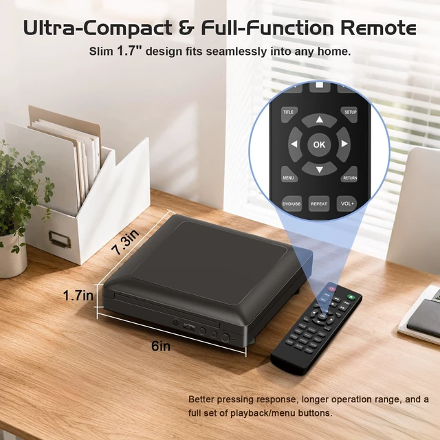 Alt view image 3 of 5 - Mini DVD Player for TV, All Region Free HDMI DVD Player, 1080P HD Compact DVD/CD Player with USB Input, Remote Control, HDMI & RCA Cable Included