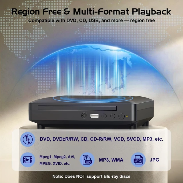 Alt view image 5 of 5 - Mini DVD Player for TV, All Region Free HDMI DVD Player, 1080P HD Compact DVD/CD Player with USB Input, Remote Control, HDMI & RCA Cable Included