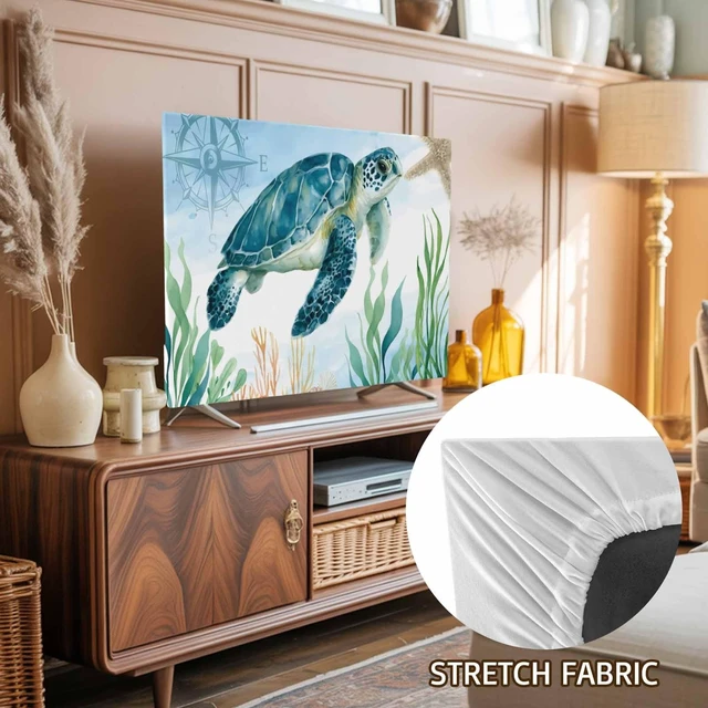 Alt view image 2 of 5 - Ueplerts Indoor Elastic TV Cover, Sea Turtle Coastal Dust Proof TV Screen Slipcover Protection, Summer Beach Nautical Starfish Compass Stretch Waterproof Monitor Fitted 55" TV Covers for Inside