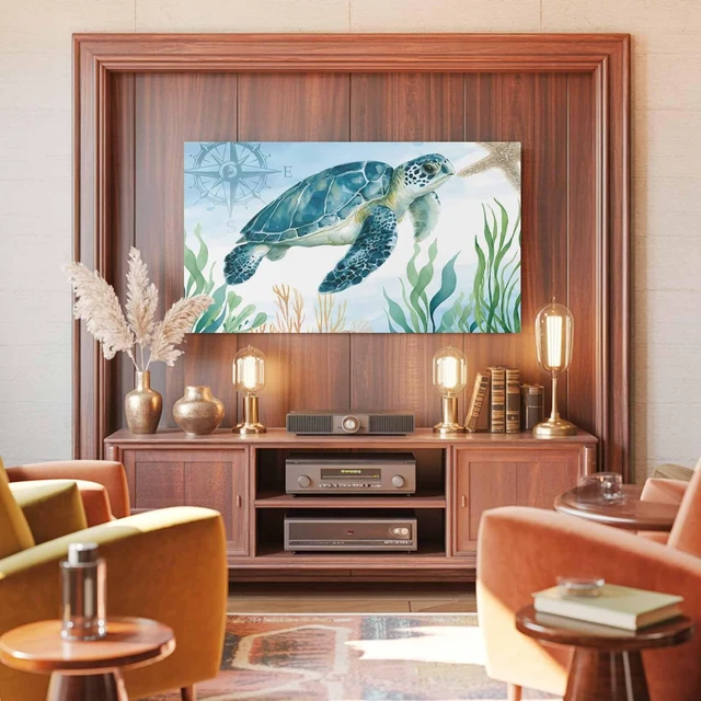 Alt view image 3 of 5 - Ueplerts Indoor Elastic TV Cover, Sea Turtle Coastal Dust Proof TV Screen Slipcover Protection, Summer Beach Nautical Starfish Compass Stretch Waterproof Monitor Fitted 55" TV Covers for Inside
