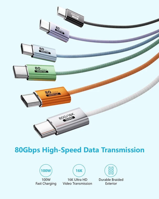 Alt view image 2 of 5 - KMMXXCPMGreed,3.3FTThin USB C to USB C Cable 80Gbps Data Transfer Compatible with Thunderbolt 5/4/3,Slim Connector,USBC 100W Fast Charging,16K/8K/4K HD Video for Monitor,MacBook,iPhone 17/16,Docking