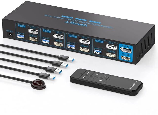 Main image of 8K@60Hz Displayport HDMI KVM Switch 2 Monitors 4 Computers 4K144Hz USB3.0 KVM Switch Dual Monitor for 4 Computers Share 2 Monitors and 4 USB Devices Support Extended/Copy Mode with Desktop Controller