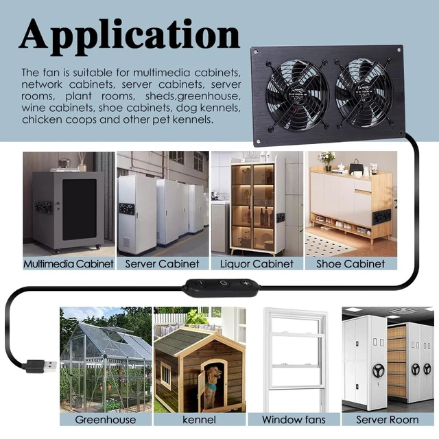 Alt view image 2 of 5 - Xiaoqijia Dual 120mm Cabinet Fan 5V/12V USB/DC IPX5 Waterproof 10-Speed