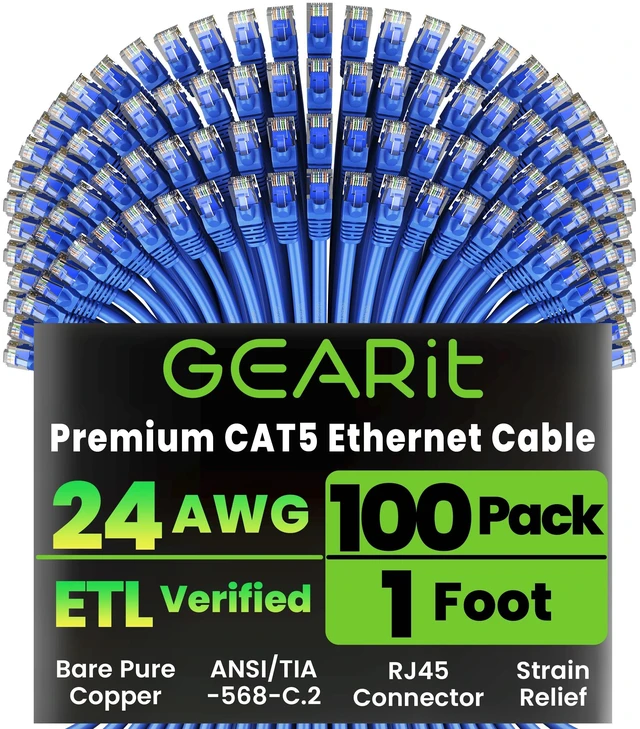 Main image of GearIT 100-Pack, Cat5e Ethernet Patch Cable 1 Foot - Snagless RJ45 Computer LAN Network Cord, Blue