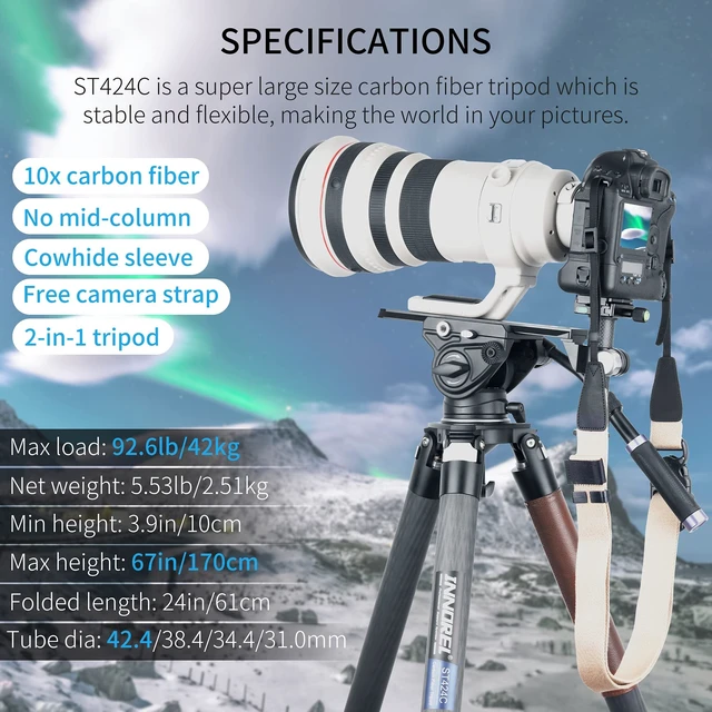 Alt view image 2 of 5 - Carbon Fiber Tripod INNOREL ST424C Professional Heavy Duty Camera Stand with 75mm Bowl Adapter 42.4mm Tube, Max Load 92.6lbs/42kg,Max Height 66.9in/170cm for DSLR Camcorder Travel Shooting Bowl Tripod