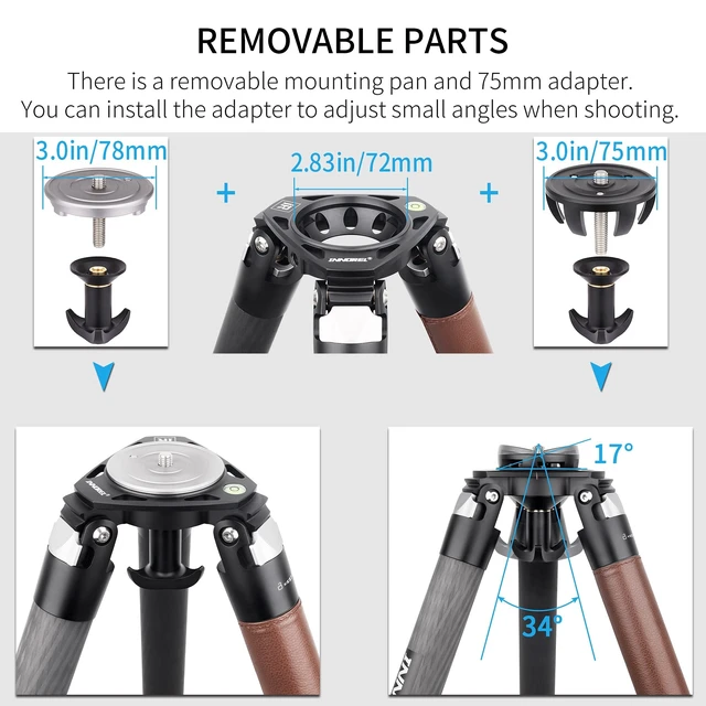 Alt view image 3 of 5 - Carbon Fiber Tripod INNOREL ST424C Professional Heavy Duty Camera Stand with 75mm Bowl Adapter 42.4mm Tube, Max Load 92.6lbs/42kg,Max Height 66.9in/170cm for DSLR Camcorder Travel Shooting Bowl Tripod