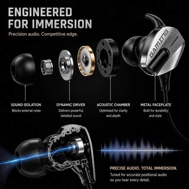 Alt view image 5 of 5 - Rosmas Wired Gaming Earbuds, Dual Mic, Detachable Boom Mic, 3.5mm Plug