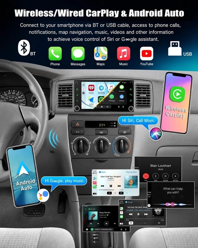 Alt view image 3 of 5 - SIXTOP Car Stereo Radio for Toyota Corolla/Toyota RAV4/Camry/Tundra/Sequoia/ 4Runner Wireless Apple CarPlay Android Auto 7 Inch HD Touch Screen Bluetooth FM/AM Mirror Link EQ USB SWC Backup Cam